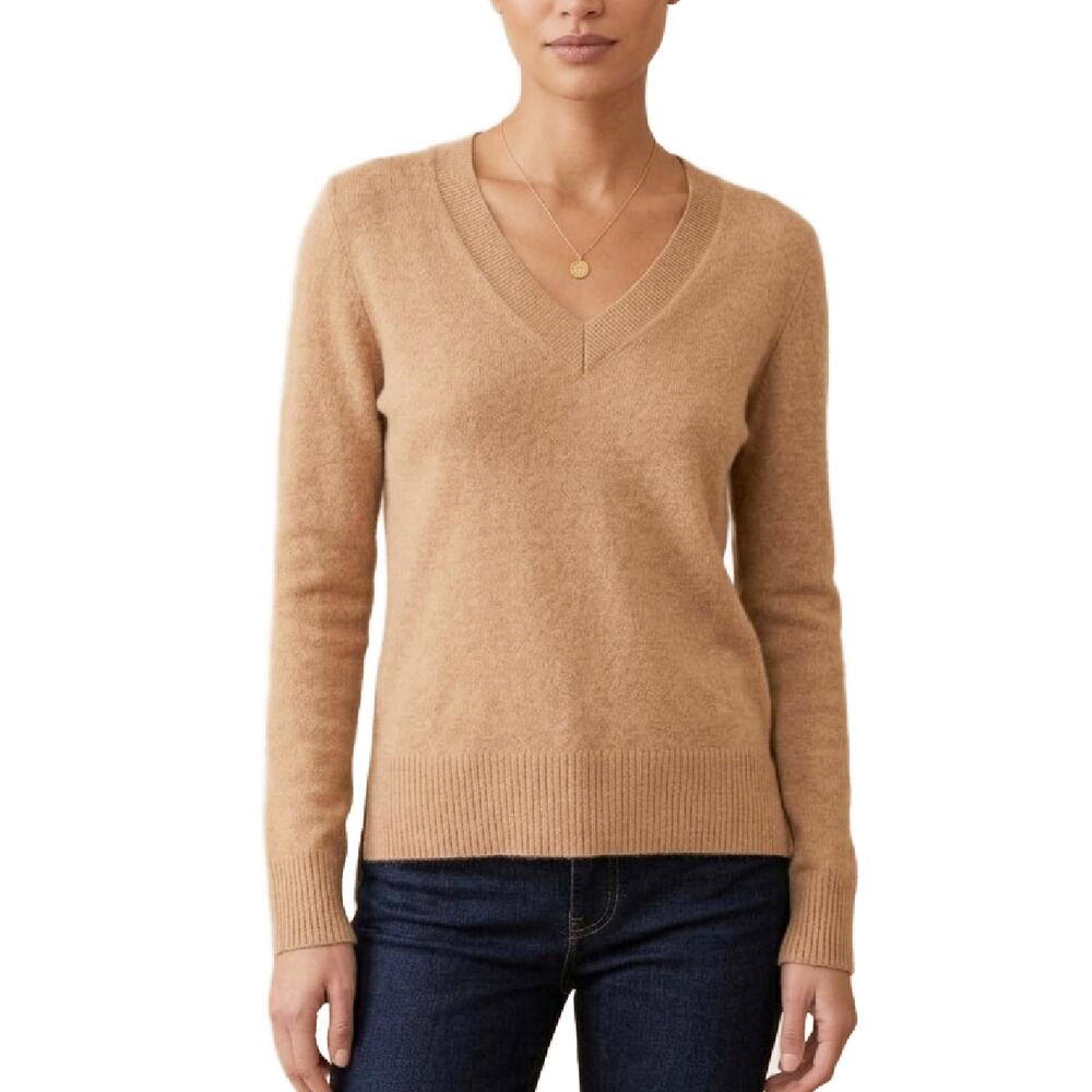 Saks Fifth Avenue 100% Cashmere V-Neck Sweater Beige Tan Camel Small